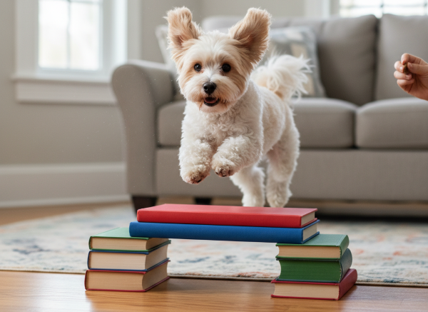 Agility s Maltipoo doma s prekážkami z kníh